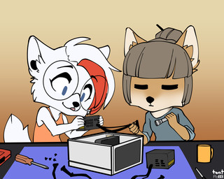 anthro big_glasses blep blue_eyes brown_body brown_fur cheek_tuft chibi clothed clothing computer container cup duo ear_piercing electronics eyewear facial_tuft female fur furniture glasses grey_clothing grey_hair grey_sweater grey_topwear hair highlights_(coloring) hime_cut inner_ear_fluff mug orange_clothing orange_shirt orange_tank_top orange_topwear piercing red_highlights round_glasses screwdriver shirt short_hair sweater table tan_body tan_fur tank_top tongue tongue_out tools topwear tuft white_body white_fur white_hair foxboy83 tootaloo vixen_logic arctica_(vixen_logic) ferra_(vixen_logic) arctic_fox canid canine fox mammal tibetan_sand_fox true_fox 5:4 colored digital_media_(artwork) flat_colors hi_res