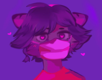 ambiguous_gender anthro cheek_tuft clothed clothing facial_tuft front_view grey_body hair heart_eyes heart_symbol mask narrowed_eyes pink_eyes purple_background purple_hair red_clothing red_topwear simple_background solo topwear tuft unsigned famir bust_portrait colored_sketch portrait sketch