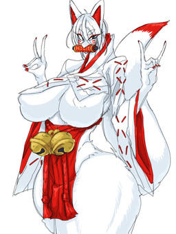 anthro asian_clothing bell big_breasts breasts clothed clothing colored_nails east_asian_clothing featureless_breasts female female_anthro fur hair japanese_clothing kemono looking_at_viewer miko_outfit nails nipple_outline red_nails scroll shrine_maiden simple_background skimpy solo tail thick_thighs white_body white_fur white_hair waranka warawaranka canid canine fox mammal 3:4 hi_res