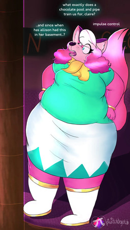 anthro candy chocolate dessert female food freckles hands_on_hips open_mouth overweight overweight_female solo standing text blueberripi-vi super_lesbian_animal_rpg melody_amaranth canid canine fox mammal 2026 english_text hi_res watermark trans_(lore) trans_woman_(lore)