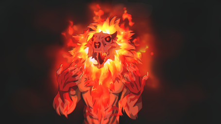 anthro arm_tuft black_background black_sclera bone chest_tuft claws elbow_tuft fangs finger_claws fire front_view fur glowing glowing_eyes male mane muscular muscular_anthro muscular_male nude open_mouth pecs pupils red_body red_eyes red_fur red_mane simple_background skull skull_head solo standing teeth tuft unsigned yellow_pupils justkiddinb species_request half-length_portrait hi_res portrait