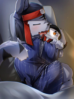 anthro asian_clothing black_headdress blush bodily_fluids bottomwear clothing drooling east_asian_clothing eyes_closed fangs hug hugging_object hugging_plushie japanese_clothing lying male on_side open_mouth pajamas pillow plushie saliva shorts sleeping solo tail teeth young young_anthro young_male kemokemo02091 bemani konami pop'n_music pop'n_music_9 kagetora_(pop'n_music) felid mammal pantherine 2026 absurd_res hi_res japanese_description