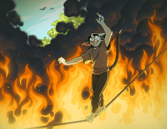 ambiguous_gender anthro barefoot bottomwear claws clothing dipstick_tail feet fire fur inner_ear_fluff markings pants pawpads rope shirt sky smoke solo t-shirt tail tail_markings tightrope topwear tuft whiskers white_body white_fur ango76 henrietta_(ango76) domestic_cat felid feline felis mammal 2026 digital_media_(artwork) hi_res signature