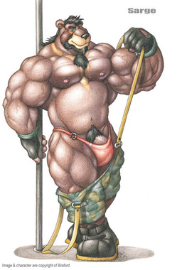 anthro biceps big_muscles biped black_hair black_nose boots bottomwear brown_body brown_fur bulge clothed clothing facial_hair fingerless_gloves footwear fur genitals gloves grey_eyes hair half-erect handwear huge_muscles looking_at_viewer male musclegut muscular muscular_anthro muscular_male nipples pecs penis penis_base pole shoes shorts solo standing suspenders thong topless underwear vein braford sarge_(braford) bear brown_bear mammal ursine 2005 traditional_media_(artwork)