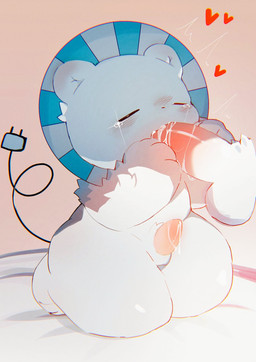 anthro blue_highlights blush blush_lines bodily_fluids bubble cum cum_bubble cum_drip cum_in_mouth cum_inside cum_on_own_penis cum_on_penis cum_on_self disembodied_penis dripping duo electrical_plug_tail eyes_closed fellatio genital_fluids genitals heart_symbol highlights_(coloring) kneeling_oral_position male male/male mostly_nude oral oral_penetration penetration penile penis penis_in_mouth penis_size_difference sex solo_focus tapering_penis tears white_bedding white_body young young_anthro yinyufish ambiguous_species bear mammal polar_bear ursine hi_res