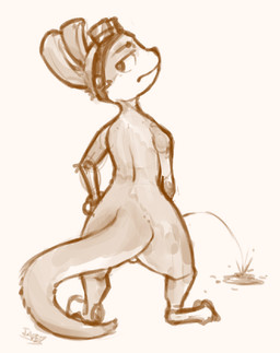 anthro balls barely_visible_balls barely_visible_genitalia bodily_fluids eyewear eyewear_on_head fur genital_fluids genitals goggles goggles_on_head looking_at_viewer looking_back looking_back_at_viewer male male_peeing narrowed_eyes peeing peeing_on_ground solo tail text thick_thighs urine urine_on_ground urine_stream watersports wide_hips jadeder jak_and_daxter naughty_dog sony_corporation sony_interactive_entertainment daxter mammal mustelid ottsel artist_name monochrome