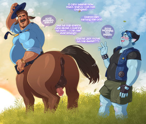 age_difference animal_genitalia animal_penis anus balls beanie beard blue_body blue_hair blue_skin blush bottomwear brown_hair bulge clock clothing dialogue duo equine_genitalia equine_penis facial_hair genitals grass hair hat headgear headwear humanoid_pointy_ears male musclegut muscular muscular_male mustache not_furry penis plant pointy_ears police police_uniform shirt shorts size_difference speech_bubble tail text topwear uniform watch wristwatch quuynart disney european_mythology greek_mythology mythology onward_(2020) pixar barley_lightfoot colt_bronco centaur elf equid equid_taur humanoid humanoid_taur mammal mammal_taur taur english_text hi_res stepfather_(lore) stepfather_and_stepchild_(lore) stepfather_and_stepson_(lore) stepparent_(lore) stepparent_and_stepchild_(lore) stepparent_and_stepson_(lore) stepson_(lore)