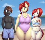 anthro baby beach bikini black_body black_skin breasts brown_hair clothing detailed_background female freckles group hair hand_holding holding_another holding_child looking_at_another looking_down male one-piece_swimsuit ponytail red_hair sand sea smile standing swimming_trunks swimwear two-piece_swimsuit water yellow_body yellow_skin young an-tonio hasbro my_little_pony golden_brooch silver_draw twisty_(oc) equid equine horse mammal pony absurd_res hi_res