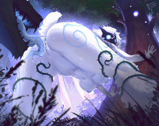 5_fingers anthro anus areola bent_over blue_anus blue_areola blue_nipples blue_tongue blue_vulva bodily_fluids breasts butt cunnilingus duo female female_focus fingers forest fur fur_markings genitals humanoid_hands long_tongue looking_back male male/female markings mask mostly_offscreen_male navel nipples nude oral outside plant rear_view saliva sex sharp_teeth standing tail teeth thorns tongue tree under_boob vaginal vulva wearing_mask white_body white_fur coolpenya league_of_legends riot_games tencent kindred_(lol) lamb_(lol) wolf_(lol) bovid canid canine canis caprine mammal sheep wolf 2026 digital_media_(artwork) hi_res watermark