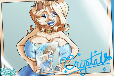 5_fingers anthro autograph big_breasts blonde_hair blue_bottomwear blue_clothing blue_dress blue_eyes blue_fingernails blue_legwear blue_lips blue_lipstick blue_nails blue_skirt blue_stockings blue_text blue_topwear blue_tube_top bottomwear breast_implants breasts brown_eyebrows brown_hair brown_inner_ear brown_nose character_signature cheek_tuft cleavage clothed clothed_anthro clothed_female clothing collar collarbone colored_nails dress eyebrows eyelashes facial_tuft fangs feather_boa female female_anthro fingernails fingers fur garter_straps gold_(metal) gold_collar hair half-closed_eyes holding_photo huge_breasts humanoid_hands legwear lips lipstick long_fingernails long_hair makeup metal_collar nails narrowed_eyes nipple_outline photo pink_tongue profanity pupils side_boob skirt solo spherical_breasts stockings tail tan_body tan_ears tan_fur tan_tail teeth text text_on_collar thick_lips tongue topwear tube_top tuft under_boob mightycock crystal_(mightycock) canid canine canis mammal wolf 2025 3:2 absurd_res english_text hi_res picture_in_picture signature url