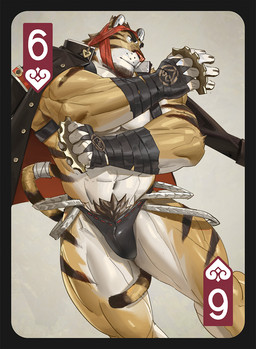 abs anthro barazoku biceps black_clothing black_hair black_jacket black_thong black_topwear black_underwear brass_knuckles card clothing forearm_muscles fur hair jacket male melee_weapon multicolored_body multicolored_fur muscular muscular_anthro muscular_male navel number obliques playing_card playing_card_template pube_peek pubes quads six_of_hearts solo striped_body striped_fur stripes tail tail_between_legs tail_wraps thong topwear underwear weapon white_body white_fur wraps wrist_wraps yellow_body yellow_fur tooboshoo felid mammal pantherine tiger 2020