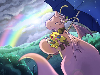 ambiguous_gender cloud duo field landscape rainbow raining scenery umbrella ouroborotter nintendo pokemon pokemon_mystery_dungeon spike_chunsoft fan_character spiky-eared_pichu dragonite generation_1_pokemon generation_2_pokemon pichu pokemon_(species) hi_res