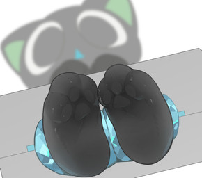 3_toes anthro black_body black_ears black_eyes black_fur black_pawpads blue_mouth blurred_background blurred_character bound chibi claws detailed_feet detailed_fur feet foot_fetish foot_focus fur glistening green_inner_ear looking_at_viewer male mitten_hands open_mouth pawpads paws restraints simple_background solo stocks toe_claws toes white_background young young_anthro young_male emolga_1 the_legend_of_luo_xiaohei luo_xiaohei domestic_cat felid feline felis mammal cross-hatching detailed digital_media_(artwork) hatching_(art) hi_res shaded