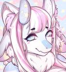 4_ears anthro blue_eyes blue_horn blue_markings blush eyebrows eyelashes female fur hair happy heart_symbol horn inner_ear_fluff looking_at_viewer markings multi_ear multicolored_hair pattern_background pink_blush pink_hair pink_inner_ear_fluff simple_background smile snout solo toony tuft two_tone_hair white_body white_fur white_hair white_inner_ear inkbuns mythology polestar dragon furred_dragon furred_scalie mythological_creature mythological_scalie scalie 2019 bust_portrait cel_shading digital_drawing_(artwork) digital_media_(artwork) headshot_portrait icon portrait shaded