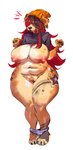 anthro areola beanie belly big_breasts big_nipples black_hair black_nose breasts clothed clothing clothing_around_legs curvy_figure female fur genitals grin hair hair_over_eyes hat headgear headwear huge_thighs knock-kneed mostly_nude multicolored_hair navel nipples panties panties_around_legs panties_down partially_clothed piercing pubes pussy red_hair shirt simple_background slightly_chubby smile solo standing tan_body tan_fur tattoo thick_thighs tongue tongue_out tongue_piercing topwear two_tone_hair underwear underwear_around_legs underwear_down voluptuous wide_hips bypbap rowland_(bypbap) canid canine canis domestic_dog mammal 2020 digital_media_(artwork) hi_res