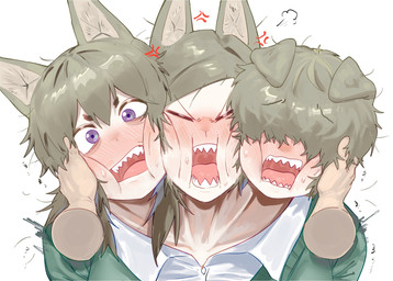 3_heads angry blue_eyes blush brown_hair clothing disembodied_hand duo eyes_closed female green_clothing green_topwear hair head_grab looking_at_viewer multi_head open_mouth simple_background surprised topwear uvula white_background maikamiaka haewn_(maikamiaka) phech_(maikamiaka) ploy_(maikamiaka) animal_humanoid canid canid_humanoid canine canine_humanoid dog_humanoid humanoid mammal mammal_humanoid 2025 digital_media_(artwork) hi_res