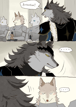 anthro armor black_nose blush blush_lines brown_body brown_fur dialogue duo_focus eye_contact facial_scar fur grey_body grey_fur group kemono knight knight_armor looking_at_another male male/male medieval medieval_armor melee_weapon military no_pupils pink_nose pointy_ears scar soldier surprised sword tan_body tan_fur text warrior weapon white_body white_fur lovebuffpg45 canid canine canis mammal wolf 2026 absurd_res comic english_text hi_res