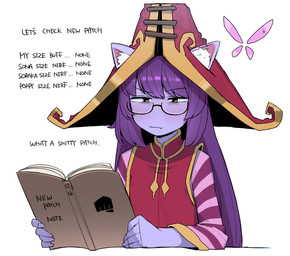 ambiguous_gender annoyed big_hat book clothing dialogue duo eyewear female flat_chested glasses green_eyes hair hat headgear headwear long_hair narrowed_eyes profanity purple_body purple_hair purple_skin reading reading_book simple_background text topwear ohasiart league_of_legends riot_games tencent lulu_(lol) pix_(lol) fairy humanoid yordle english_text