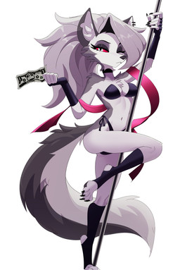 5_fingers anthro black_claws black_clothing breasts butt chest_tuft claws clothed clothing dancing digitigrade female fingers fur fur_tuft grey_body grey_fur grey_hair grey_tail hair legwear navel one_eye_closed pole pole_dancing red_sclera skimpy stripper stripper_pole tail thong tuft underwear jesterwing hellaverse helluva_boss mythology loona_(helluva_boss) canid canid_demon canine demon hellhound mammal mythological_canine mythological_creature absurd_res hi_res