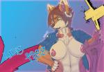 anthro breasts clothed clothing female front_view green_eyes muscular muscular_anthro muscular_female nipples open_clothing open_shirt open_topwear partially_clothed pose shirt simple_background solo tools topwear wrench puppygas canid canine canis mammal wolf