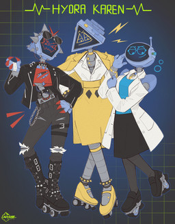 4_fingers antennae_(anatomy) bandage bandaged_arm belt blue_clothing bottomwear bracelet chain claws clock clothing coat crt digit_ring dress evil_face eyewear female fingers for_a_head gesture glasses group hand_gesture handwear headgear headwear jacket jewelry lab_coat logo machine necklace pants pose red_clothing screen screen_face simple_background smile snarky text topwear torn_bottomwear torn_clothing torn_pants trio watch yellow_clothing yellow_dress auveiss nickelodeon plankton:_the_movie spongebob_squarepants spongebob_squarepants_(series) super_evil_karen super_smart_karen super_snarky_karen humanoid object_head robot screen_head 2025 absurd_res artist_logo artist_name digital_drawing_(artwork) digital_media_(artwork) hi_res signature