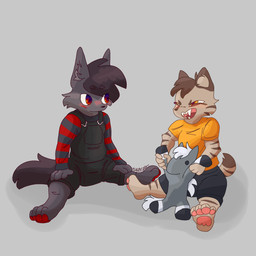 ambiguous_gender anthro black_body black_fur black_hair blush brown_body brown_fur brown_hair brown_markings clothing duo eye_contact fangs fur grey_background grey_body grey_fur hair happy head_tuft holding_object holding_plushie looking_at_another markings mouthless overalls pawpads pink_pawpads playing plushie red_markings red_pawpads simple_background smile striped_markings stripes sweater tail tan_body tan_fur teeth topwear toy triangle_nose tuft young rhapsody_tenrai canid canine canis felid mammal prehistoric_species saber-toothed_tiger smilodon wolf 1:1 2026 absurd_res digital_drawing_(artwork) digital_media_(artwork) hi_res signature
