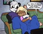 anthro bedding blanket blush clothed clothing cuddling female fur furniture hair male sofa text young young_anthro pokefound da_silva brook_(pink) jun_(pokefound) bear giant_panda mammal mouse murid murine rodent 5:4 english_text hi_res