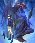 5_toes black_body black_fur blue_body blue_fur breasts duo feathered_wings feathers feet female fur horn red_horn tail toes wings layer_(artist) mythology dragon human mammal mythological_creature mythological_scalie scalie 2009