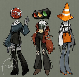 boots bottomwear clothing crop_top female fishnet_clothing fishnet_legwear fishnet_thigh_highs footwear for_a_head group jacket legwear midriff not_furry pants shirt shoes skirt stop_sign streetwear sweater thigh_boots thigh_highs topwear traffic_cone traffic_light traffic_sign trio feefal humanoid object_head hi_res