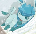 ambiguous_gender blue_body blue_sclera detailed_background feral licking looking_at_viewer lying one_eye_closed quadruped snow solo tongue tongue_out white_eyes rumine nintendo pokemon eeveelution generation_4_pokemon glaceon pokemon_(species) 2023