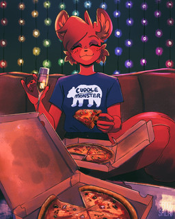 alcohol anthro beverage box champagne clothing container cozy date date_pov eyes_closed female food fur furniture lights pajamas pizza pizza_box rainbow red_body red_fur shirt smile sofa solo t-shirt topwear froggsalt chinchilla chinchillid mammal rodent 4:5 absurd_res hi_res