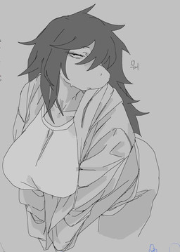 anthro big_breasts breasts butt clothing collarbone female hair huge_breasts jacket leaning leaning_forward long_hair looking_at_viewer non-mammal_breasts shirt simple_background solo suggestive suggestive_pose text tomboy topwear white_clothing white_shirt white_topwear meckmeck00124 deltarune undertale undertale_(series) susie_(deltarune) dinosaur prehistoric_species reptile scalie hi_res korean_text monochrome translated