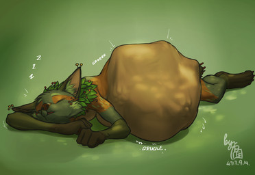 4_fingers 4_toes abdominal_bulge ambiguous_gender ambiguous_prey anthro anthro_pred barefoot belly big_belly biped black_ears bodily_noises brown_body brown_countershading brown_fur brown_markings brown_nose cheek_tuft claws countershade_torso countershading different_sound_effects digestion digestion_noises duo eyes_closed faceless_ambiguous faceless_character facial_markings facial_tuft feet fingers food fruit fur fur_tuft gloves_(marking) gradient_background green_background green_body green_fur green_tuft grey_text head_markings head_tuft huge_belly hyper hyper_belly imprint inner_ear_fluff lying male male_focus male_pred markings motion_lines multicolored_body multicolored_fur nude number offscreen_character on_ground on_side oral_vore paws plant red_claws rumbling_stomach same_size_vore side_view simple_background sleeping soft_vore solo_focus sound_effect_variant sound_effects text three-quarter_view toes tuft vore vowelless vowelless_sound_effect white_text zzz lunlunfox eneko_(character) canid canine elemental_creature flora_fauna hybrid mammal maned_wolf 2020 character_request dated digital_drawing_(artwork) digital_media_(artwork) hi_res signature