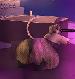 anthro armwear big_butt bottle bunny_costume butt clothed clothing container costume curvy_figure dialogue eyeshadow female fishnet_armwear fishnet_clothing fishnet_legwear furniture legwear looking_at_viewer looking_back makeup on_sofa pink_eyes rear_view simple_background sitting sitting_on_sofa sofa solo text thick_thighs wide_hips photolol.03 in_heat_(game) sammy_(in_heat) felid feline mammal pantherine tiger hi_res