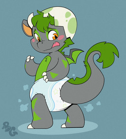 3_fingers ambiguous_gender anthro back_wings big_diaper blush blush_stickers claws clean_diaper clothed clothing cloud_emanata diaper diaper_only diaper_puff eggshell emanata finger_claws fingers fur green_body green_fur green_hair green_tail green_wings grey_background grey_body grey_fur grey_tail grey_wings hair head_horn horn logo looking_back multicolored_body multicolored_fur object_on_head open_mouth orange_inner_ear simple_background snaggle_tooth solo standing tail toe_claws topless two_tone_body two_tone_fur two_tone_tail two_tone_wings wearing_diaper white_claws white_horn wings worried young young_ambiguous young_anthro bubblepuppers mythology corrin_(paradoxdragon) dragon furred_dragon furred_scalie mythological_creature mythological_scalie scalie artist_logo film_grain full-length_portrait hi_res portrait