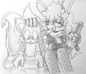 alcohol_bottle anthro beverage_bottle big_breasts blush blush_lines bodily_fluids bottle breasts bunny_costume clothing container costume duo embarrassed eyelashes female male male/female sitting sweat icydirtball sega sonic_the_hedgehog_(comics) sonic_the_hedgehog_(series) sonic_the_hedgehog_(shogakukan) miles_prower playboy_bunny_barmaid_(sonic_corocoro) canid canine fox lagomorph leporid mammal rabbit absurd_res hi_res monochrome sketch