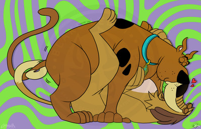 abstract_background all_fours ambiguous_penetration anal anal_penetration collar duo eyes_closed feral feral_on_feral from_front_position kissing lying male male/male male_penetrated male_penetrating male_penetrating_male nude on_back penetration sex side_view toony limbojack hanna-barbera johnny_test_(series) scooby-doo_(series) dukey scooby-doo canid canine canis domestic_dog great_dane mammal mastiff molosser 2025 crossover hi_res