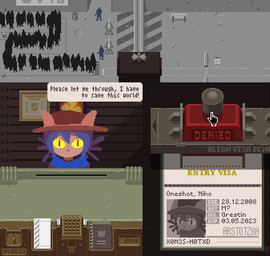 ambiguous_gender blue_hair blue_scarf book cat_hat clock electronics hair looking_at_viewer microphone paper passport pupils queue scarf slit_pupils solo tanned_skin yellow_eyes wanja01 oneshot papers_please niko_(oneshot) felid humanoid mammal 2023 digital_media_(artwork) hi_res pixel_(artwork)