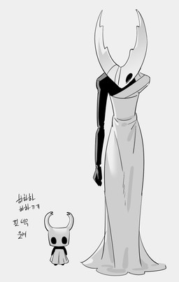 2_horns ambiguous_gender anthro bandage biped black_body black_eyes black_text clothed clothing dress duo empty_eyes fingers horn larger_ambiguous missing_arm one_eye_obstructed simple_background size_difference smaller_ambiguous standing text white_background white_clothing white_dress du_dang hollow_knight_(franchise) team_cherry hollow_knight_(character) the_knight_(hollow_knight) arthropod vessel_(species) 2025 hi_res korean_text monochrome sibling_(lore)