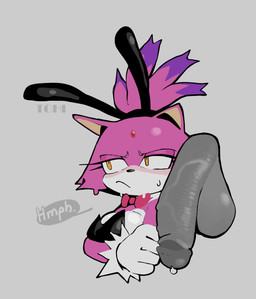 anthro balls big_balls big_penis bodily_fluids clothing duo fake_ears fake_rabbit_ears female flaccid forehead_gem gem genital_fluids genitals gloves grey_penis hair handwear leotard male male/female orange_eyes penis ponytail precum purple_body vein veiny_penis theonehornedimp sega sonic_the_hedgehog_(series) blaze_the_cat domestic_cat felid feline felis mammal hi_res