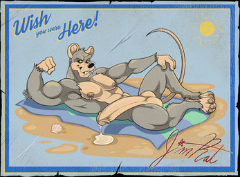 4_fingers 4_toes abs anthro autograph beach beach_towel big_penis black_nose blue_background bodily_fluids buckteeth character_signature erection feet fingers flexing flexing_bicep fur genital_fluids genitals grey_body grey_fur hairless_tail huge_penis humanoid_genitalia humanoid_penis leaking_precum lounging lying male nipple_piercing nipple_ring nipples on_back penis piercing precum precum_on_ground ring_piercing sand seashell shell simple_background solo sun tan_ears tan_hands tan_penis teeth toes towel wish_you_were_here yellow_sclera jackaloo jim_rat mammal murid murine rat rodent 2025 digital_drawing_(artwork) digital_media_(artwork) hi_res