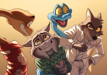 anthro awkward_smile belt blue_body blue_scales bottomwear brown_body brown_fur brown_scales clenched_teeth clothed clothing dress fangs feral fur grey_body grey_fur group looking_at_another male necktie open_mouth pants scales simple_background smile standing suit sweater teeth topwear nyeong disney dreamworks the_bad_guys zootopia gary_de'snake mr._snake_(the_bad_guys) mr._wolf_(the_bad_guys) pawbert_lynxley canada_lynx canid canine canis felid feline lynx mammal pit_viper reptile scalie snake viper wolf crossover digital_media_(artwork) hi_res