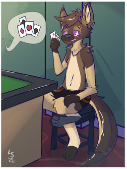 anthro brown_body brown_fur brown_hair card clothed clothing eye_scar facial_scar fluffy full_foot_pawpads full_pad fur gambling grey_pawpads grey_soles hair hypnosis male mind_control orange_eyes pawpads paws plantigrade playing_card poker ringed_eyes scar solo speech_bubble strip_poker swirling_eyes tail tan_body tan_fur underwear underwear_only undressing lavakey_(artist) ra'zim gulonine hybrid kangaroo macropod mammal marsupial marten mustelid musteline sable_(marten) 2025 3:4 hi_res