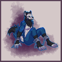 anthro barefoot bdsm blue_body bondage border bound chain chained cuff_(restraint) digitigrade fantasy feet male mask nude purple_border restrained restraints shackles slave solo submissive submissive_male zana6_(artist) lucian_(forestmaster) abyssal_wolf canid canine canis mammal wolf 1:1 hi_res