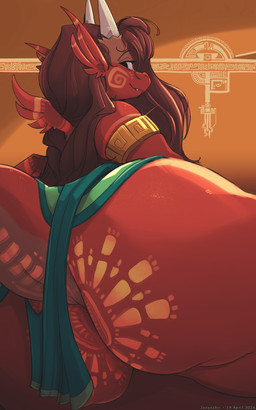 anthro anus big_butt biped butt clothed clothing female green_clothing hair huge_butt long_hair looking_at_viewer looking_back pupils smile solo tail thick_thighs topless javanshir pom_(javanshir) scalie hi_res