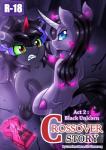 2017 angry black_body black_fur black_hair blue_eyes book clenched_teeth cover cover_art crossover digital_media_(artwork) duo english_text equid equine female feral fetlocks fhtng_the_unspeakable friendship_is_magic fur green_sclera grey_body hair hasbro highlights_(coloring) hooves horn horse king_sombra_(mlp) long_hair long_horn looking_at_viewer looking_back looking_back_at_viewer lying magic male mammal my_little_pony mythological_creature mythological_equine mythology oleander_(tfh) on_back on_top pink_highlights pony purple_hooves red_eyes sharp_teeth sitting smile teeth text them's_fightin'_herds underhoof unicorn unicornomicon vavacung