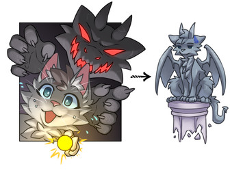 anthro duo female grotesque inanimate_transformation on_display podium statuefication transformation firingwolf floof_(shaddockpummelo) animate_inanimate domestic_cat felid feline felis gargoyle humanoid mammal hi_res