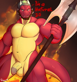 anthro axe balls beard dialogue facial_hair flaccid genitals glans horn humanoid_genitalia humanoid_penis looking_at_viewer male melee_weapon muscular muscular_anthro muscular_male nude penis pink_glans smile solo tail text vein weapon yellow_balls yellow_penis folsky mythology dragon mythological_creature mythological_scalie scalie english_text hi_res
