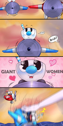 aircraft airplane bendy_straw blush breasts cleavage clothed clothing container cup dialogue drinking_straw ellipsis exclamation_point eyelashes female for_a_head gills group heart_symbol humor lipstick makeup male motion_blur not_furry_focus open_mouth pseudo_hair purple_eyes scales sea slap speech_bubble split_form tentacle_hair tentacles text vehicle water karladraws14 cuphead_(game) studio_mdhr cala_maria cuphead_(character) mugman animal_humanoid animate_inanimate aquatic aquatic_humanoid fish fish_humanoid humanoid merfolk object_head 2017 absurd_res comic english_text hi_res brother_(lore) brothers_(lore) sibling_(lore)