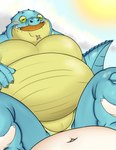 animal_genitalia anthro belly blue_body blush cloaca duo first_person_view genital_slit genitals green_eyes male male/male nude overweight scar smile spread_legs spreading peto3001 lifewonders tokyo_afterschool_summoners makara_(tas) crocodile crocodilian human mammal reptile scalie hi_res